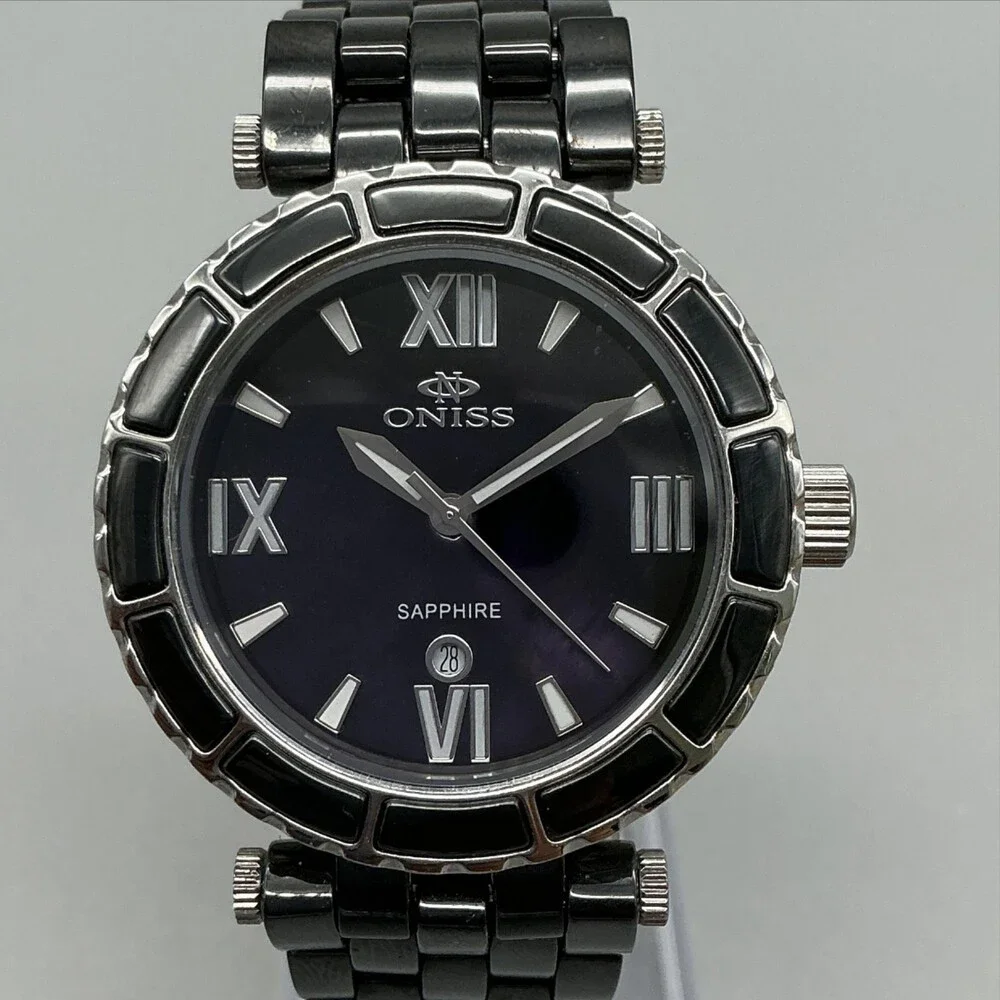 Oniss ON834-L Womens Watch 36mm Black Dial Ceramic Sapphire New Battery 7